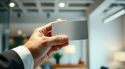 A hand with a blank business card with a place for the text