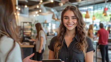 Friendly female server greets customer with tablet in modern cafe interior with blurred background, smiling in a warm atmosphere.