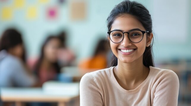 education, high school and people concept - happy smiling young indian woman or teacher in glasses over classroom background
