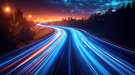 Night highway with streaks of light from moving vehicles