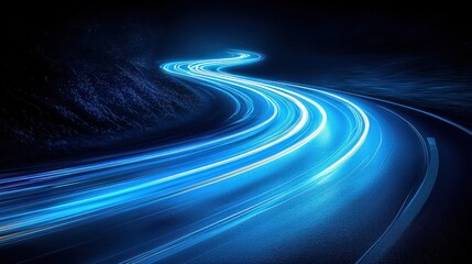 Night highway, vibrant light trails. Winding road, long exposure