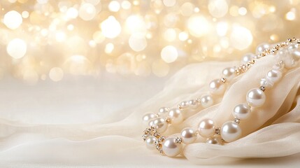 Close-up view of white pearls resting on off-white fabric, softly lit to enhance the romantic ambiance with blurred lights