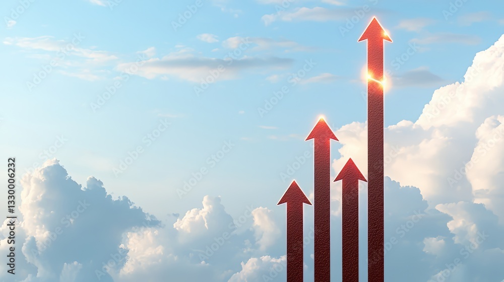 Poster series of red arrows pointing upwards against a blue sky. concept of growth and progress, as the arr