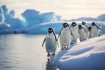 Obraz premium group of penguins waddling on an icy Antarctic shore