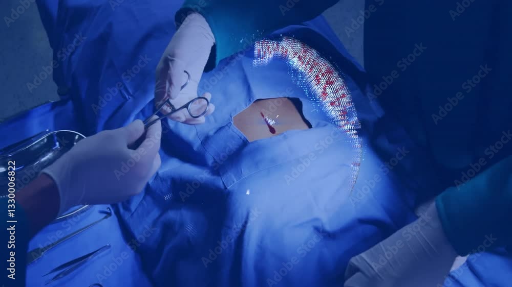 Poster performing surgery with glowing digital animation elements enhancing operating scene