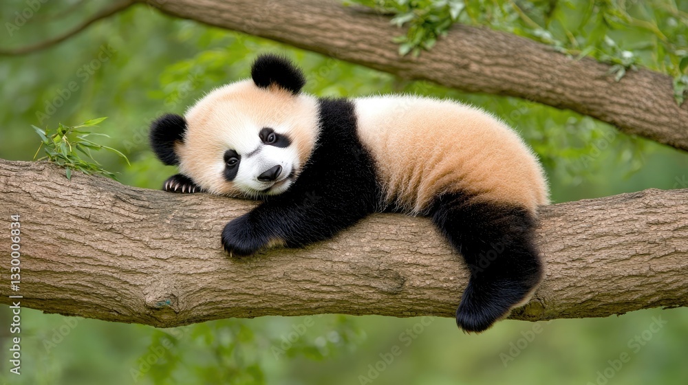 Poster panda cub relaxes on a tree branch, looking curiously with big eyes and black markings in a serene f
