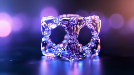 Crystal glass cube with intricate geometric patterns glowing in purple and blue bokeh lights creating magical atmosphere for luxury product photography.