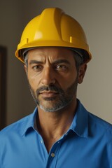 arafed man wearing a hard hat and blue shirt