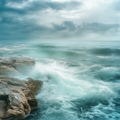 Fototapeta premium Waves crashing against rocky shore under cloudy sky during early morning