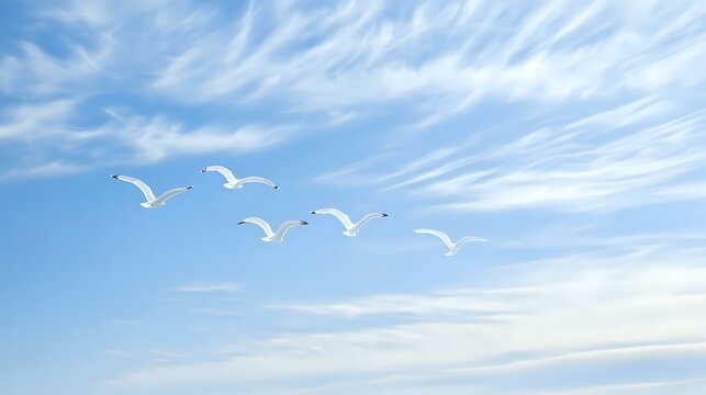 White seagulls flying in formation against bright blue sky with wispy cirrus clouds, creating peaceful coastal atmosphere and natural minimalist composition.