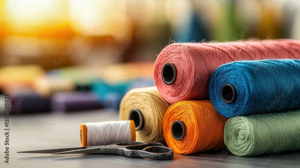 Poster colorful threads and scissors on a workspace surface.