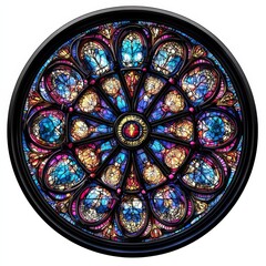 Stained Glass Rosette: Intricate Floral Design in Vibrant Blues, Yellows, Pinks, and Oranges with Dark Frame.