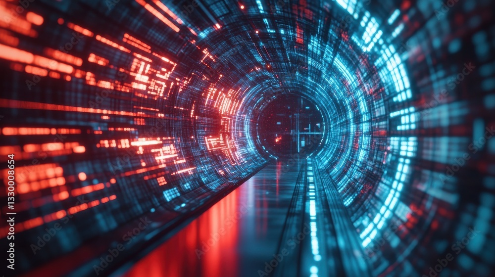 Poster an abstract representation of a ransomware attack, featuring a digital tunnel with red and blue ligh