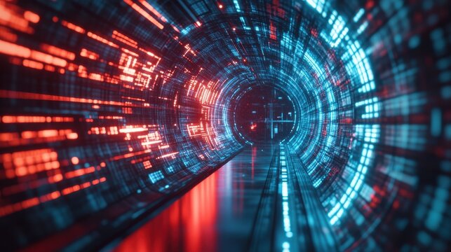 An abstract representation of a ransomware attack, featuring a digital tunnel with red and blue lights symbolizing data flow, hacking, cyber security, and the impact of malware.