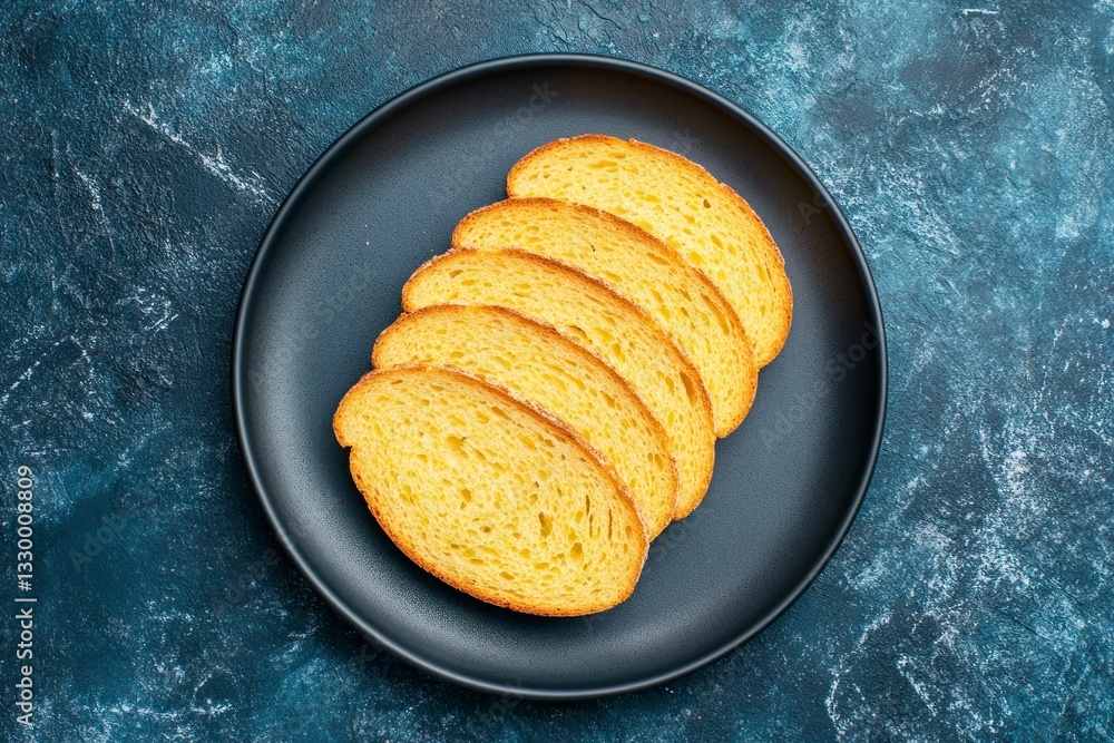 Poster slices of toast bread on a dark plate on textured background