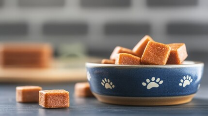 Pet treats in a bowl with paw print design.