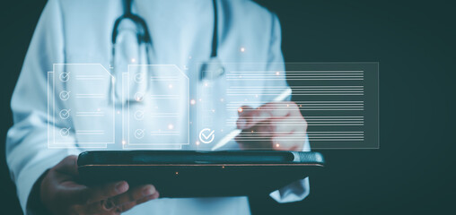 Doctor, person and healthcare professional using pen virtual screen checklist survey, fill check digital report form checklist, assessment, questionnaire, evaluation, online survey, online exam.