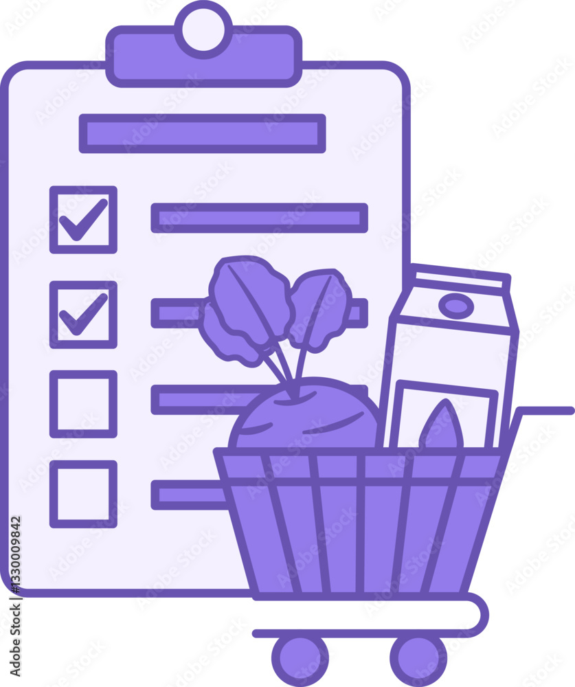 Poster colored grocery list icon. vector illustration. list with checkmarks and cart with grocery items. sh