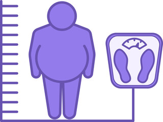 Colored Body Mass Index Icon. Vector Illustration. Overweight Man, Bathroom Scale and Height Measurement Scale. Healthy Eating. Healthy Lifestyle. Weight Loss Concept