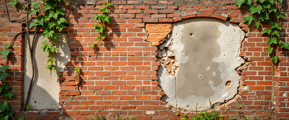 Crumbling brick wall with creeping vines, decay and fragility