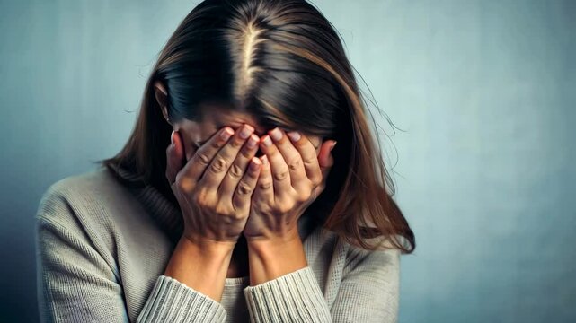 A young woman desperate crying with her hands on her face 4K