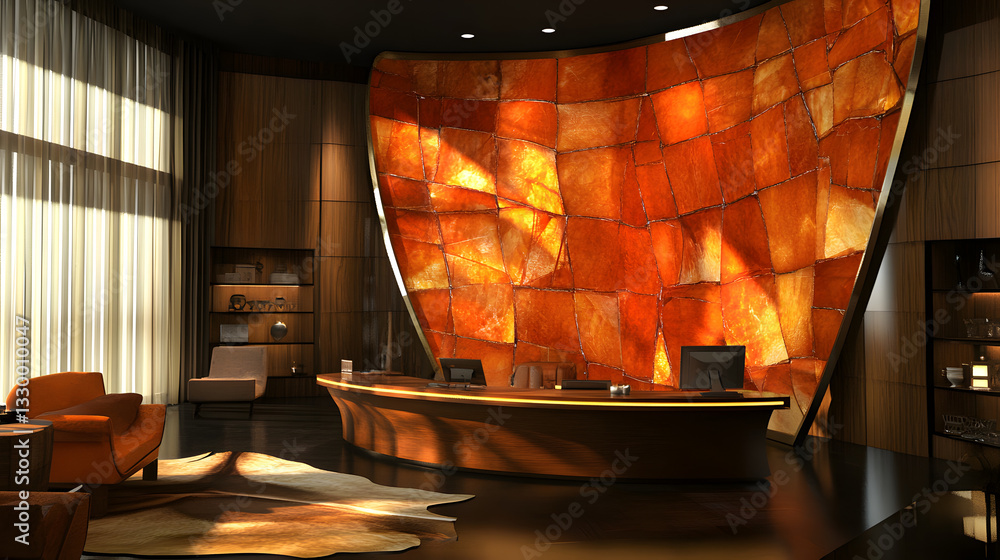 Aufkleber lobby with a large orange wall creating a bold and inviting atmosphere with unique interior design e