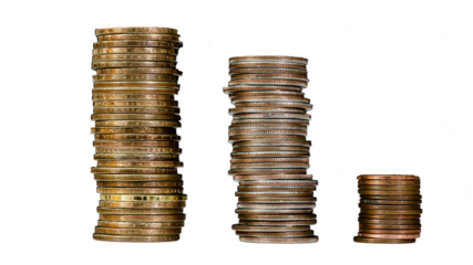 Stacks of coins arranged by size showcasing different denominations, cut out (PNG)