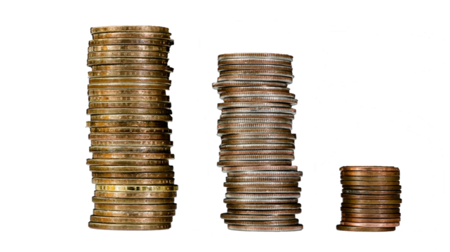 Stacks of coins arranged by size showcasing different denominations, cut out (PNG)
