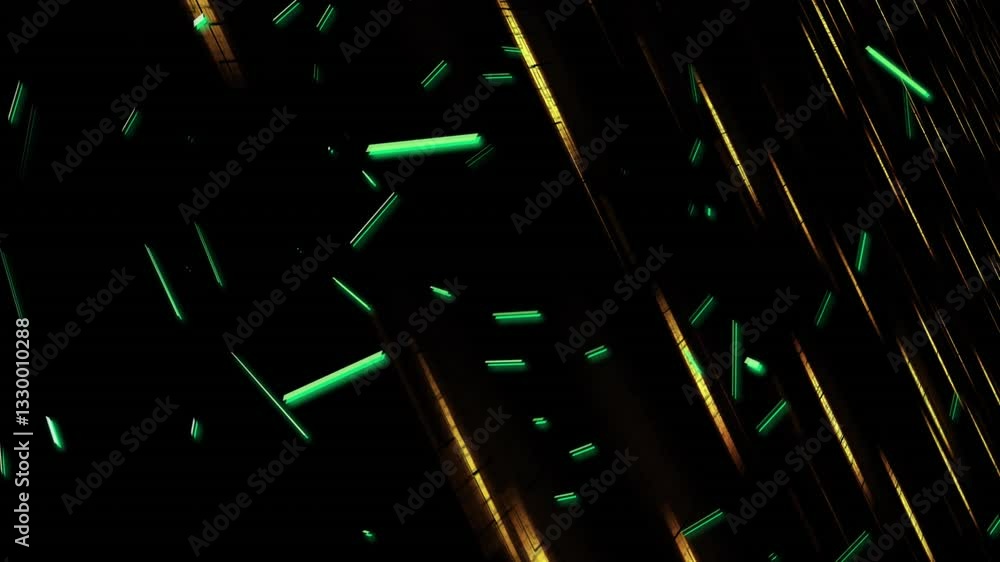 Poster creating dynamic abstract pattern, green and gold light streaks with animation