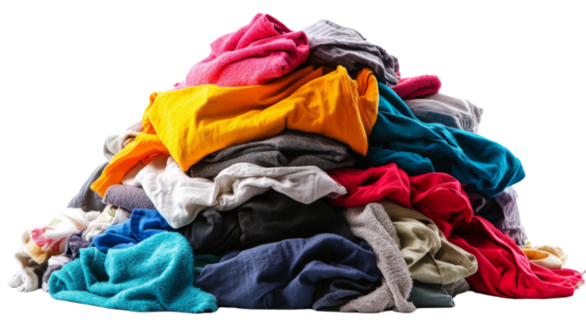 Pile of dirty laundry on transparent background waiting to be washed
