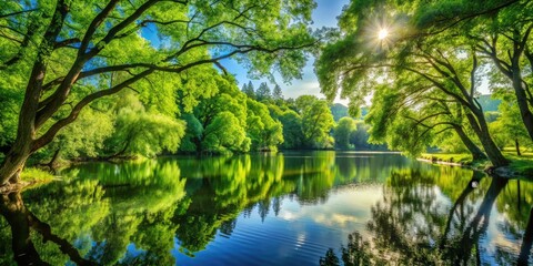 Fototapeta premium Tranquil lakeside scene: lush green trees mirrored in calm waters. Summer's peaceful embrace.