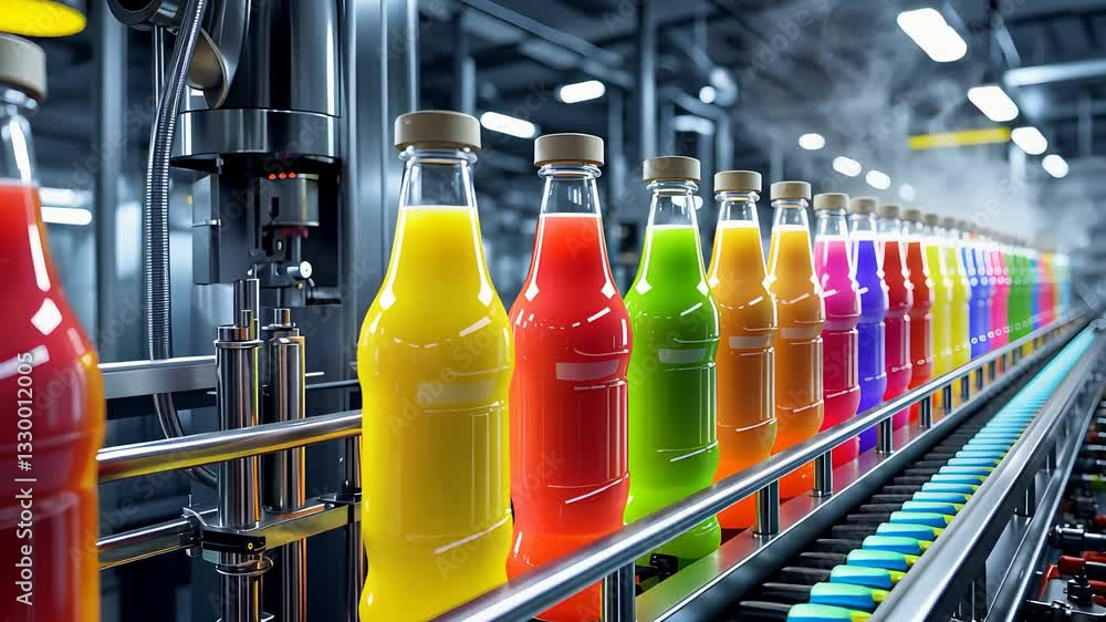 Poster automated beverage bottling production line with colorful juice bottles moving through a modern indu