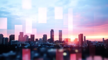 City skyline at sunrise with abstract data overlay