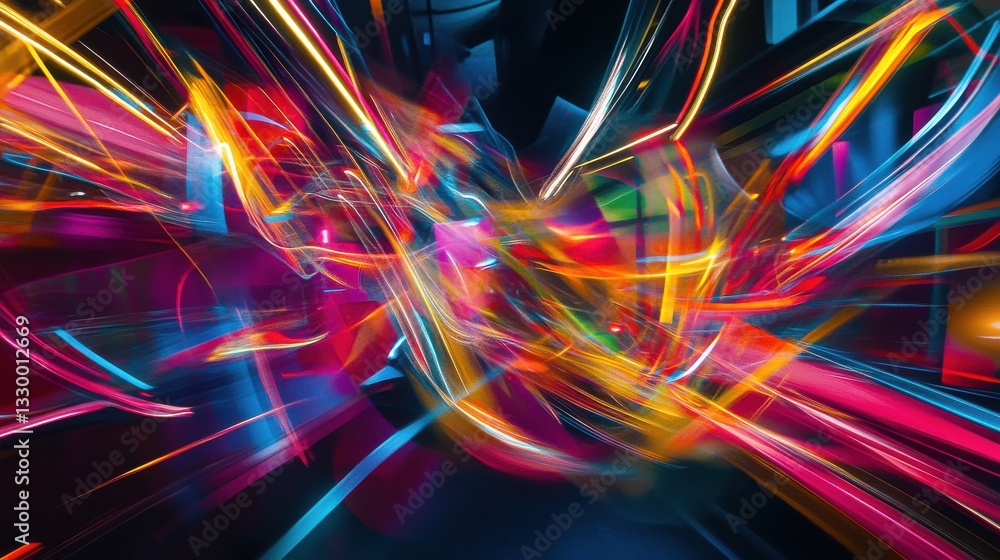 Poster a vibrant depiction of colorful light trails representing speed and movement in a futuristic setting