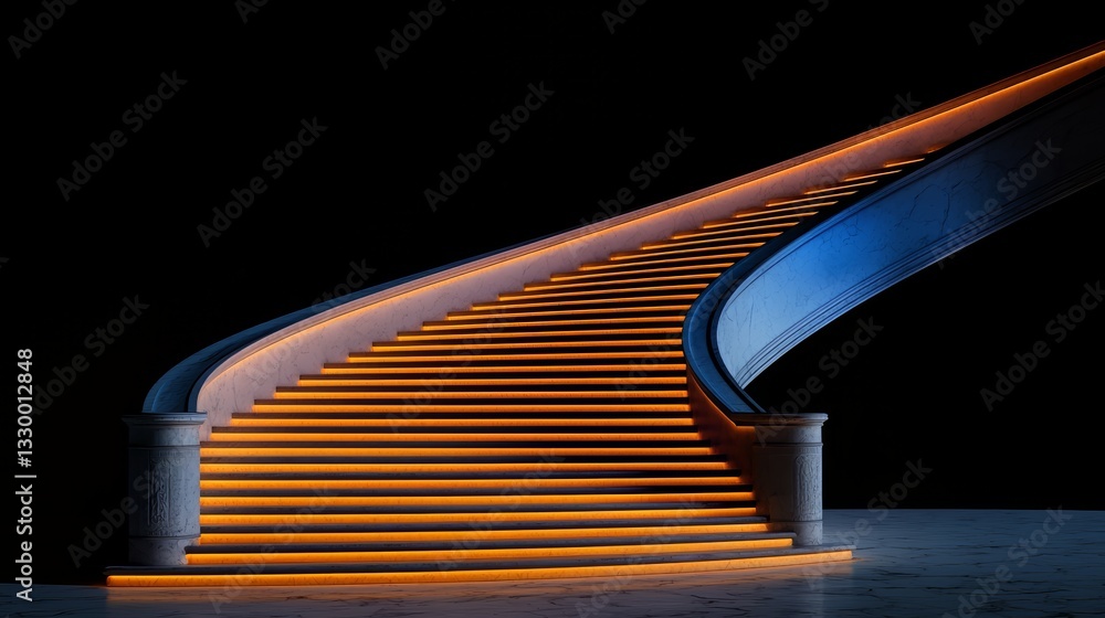 Poster staircase with orange lights on it. the staircase is lit up and he is a part of a movie set