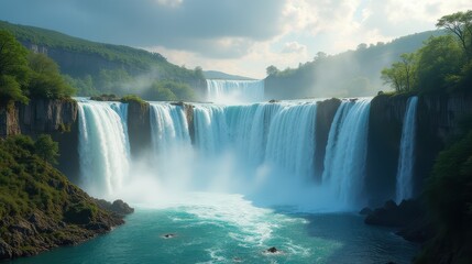 Majestic Waterfall Cascading Over Rocky Cliffs in a Serene Forest