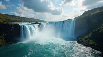 Obraz premium Majestic Waterfall Cascading Over Rocky Cliffs in a Serene Forest