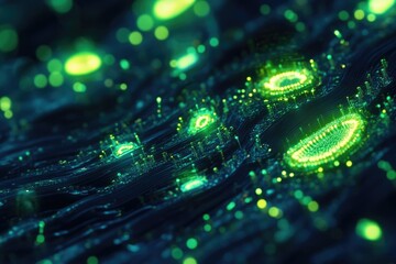 Abstract digital landscape with glowing green nodes and circuits, representing data flow and futuristic technology.