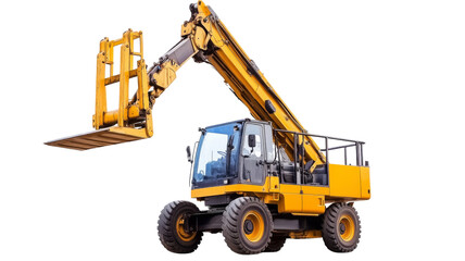 Telescopic handler lifting empty forks on transparent background