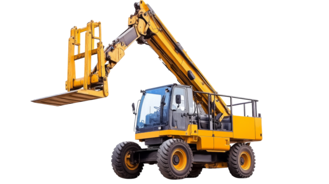 Telescopic handler lifting empty forks on transparent background