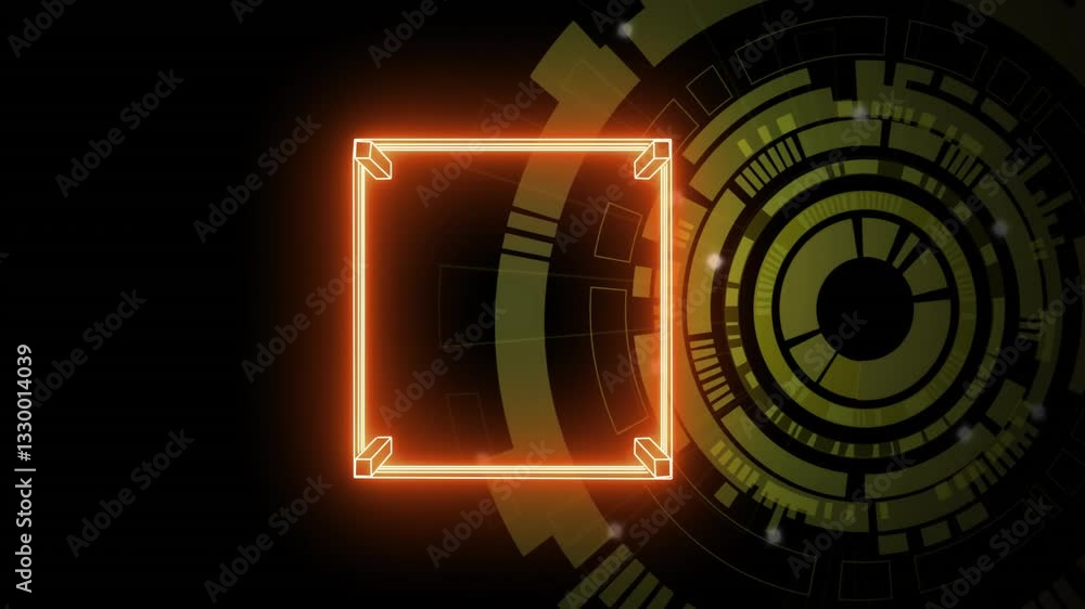 Poster animation of glowing orange square with circular patterns on dark background