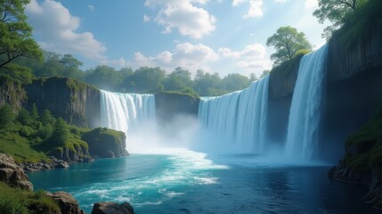 Obraz premium Majestic Waterfall Cascading Over Rocky Cliffs in a Serene Forest