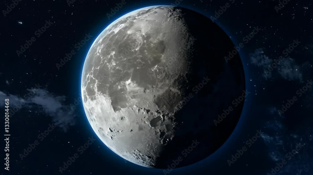 Poster realistic rotating full moon in outer space with detailed surface texture and shadow