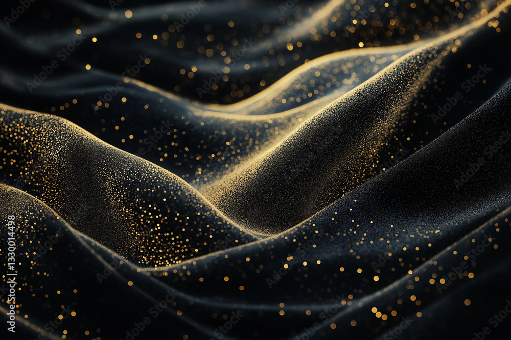 Poster a shimmering, golden wave pattern with sparkling particles flows over a dark background. product pac