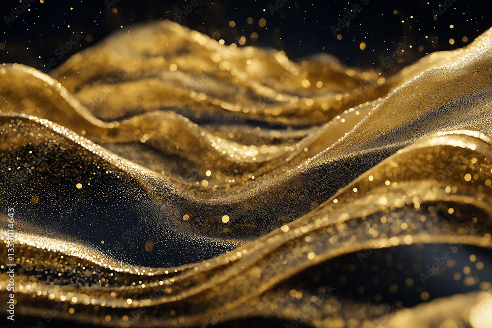 Poster a shimmering, golden wave pattern with sparkling particles flows over a dark background. product pac