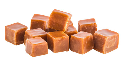 Delicious caramel candies forming a small mountain on transparent background