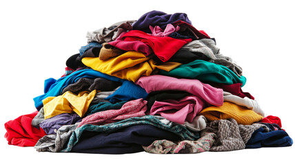 Huge pile of colorful clothes creating a large mound with transparent background