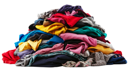 Huge pile of colorful clothes creating a large mound with transparent background