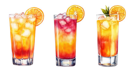 PNG Set of Tequila Sunrise cocktail in highball glass with ice cubes, orange slice, and garnish. Watercolor illustration of layered drink with grenadine, orange juice, and tequila. 