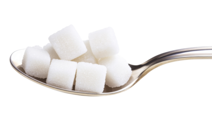 Spoon holding white sugar cubes on transparent background